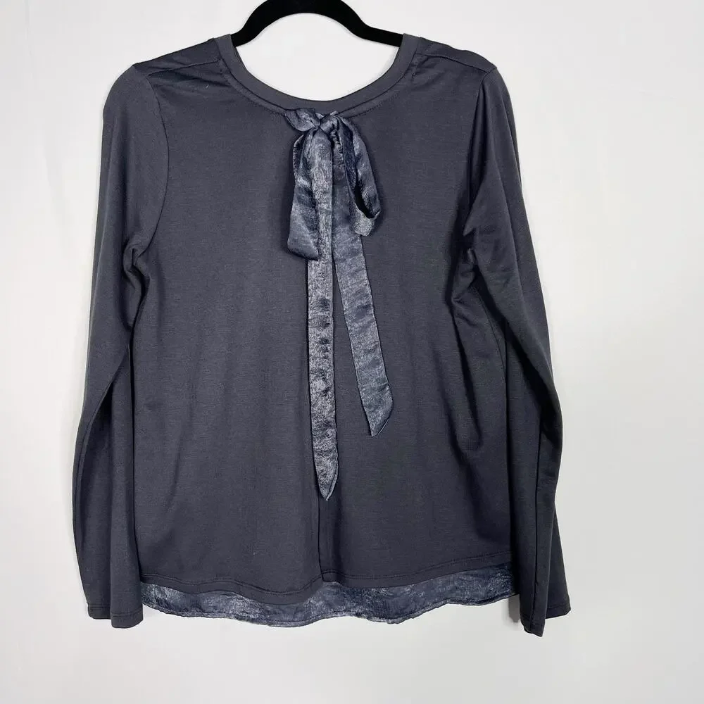 Bobeau Gray Blue MP Tie Open Back Long Sleeve Top Medium Petite Crew Neck
